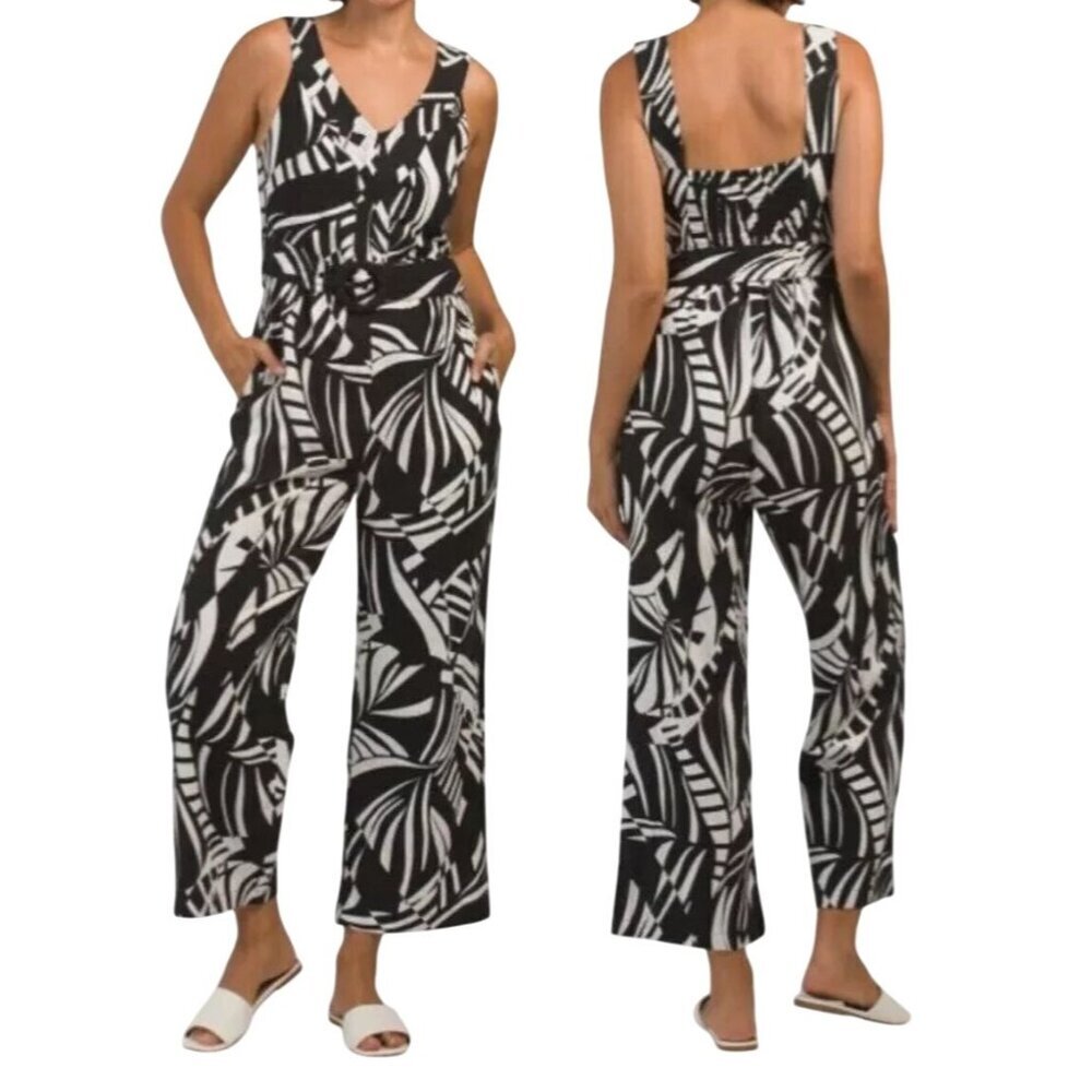 TAHARI Linen Blend Belted Jumpsuit Comfort Relaxed Leisure 4 NEW - Picture 1 of 13